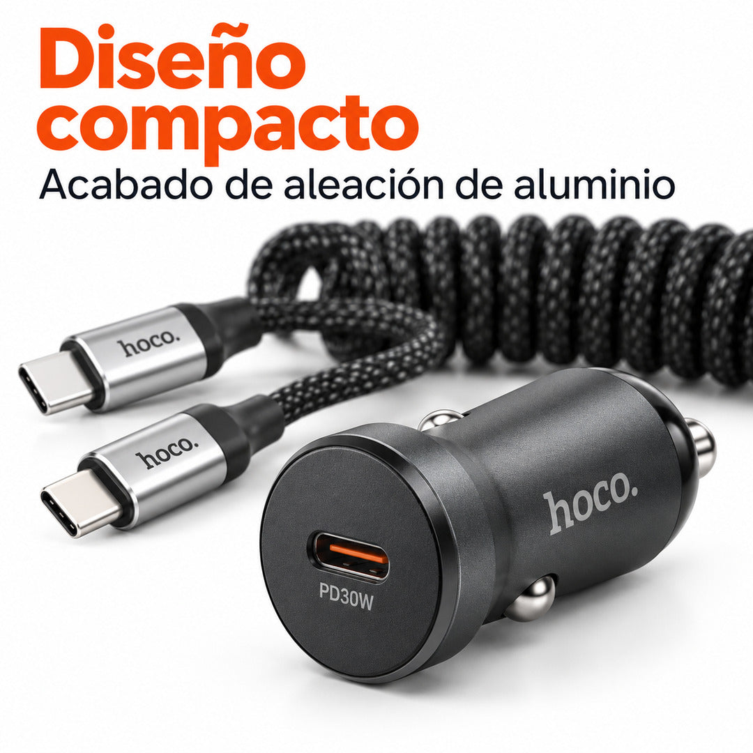 Cargador de auto Hoco Z62A 30W con cable espiral USB-C X121 de 1,5 m