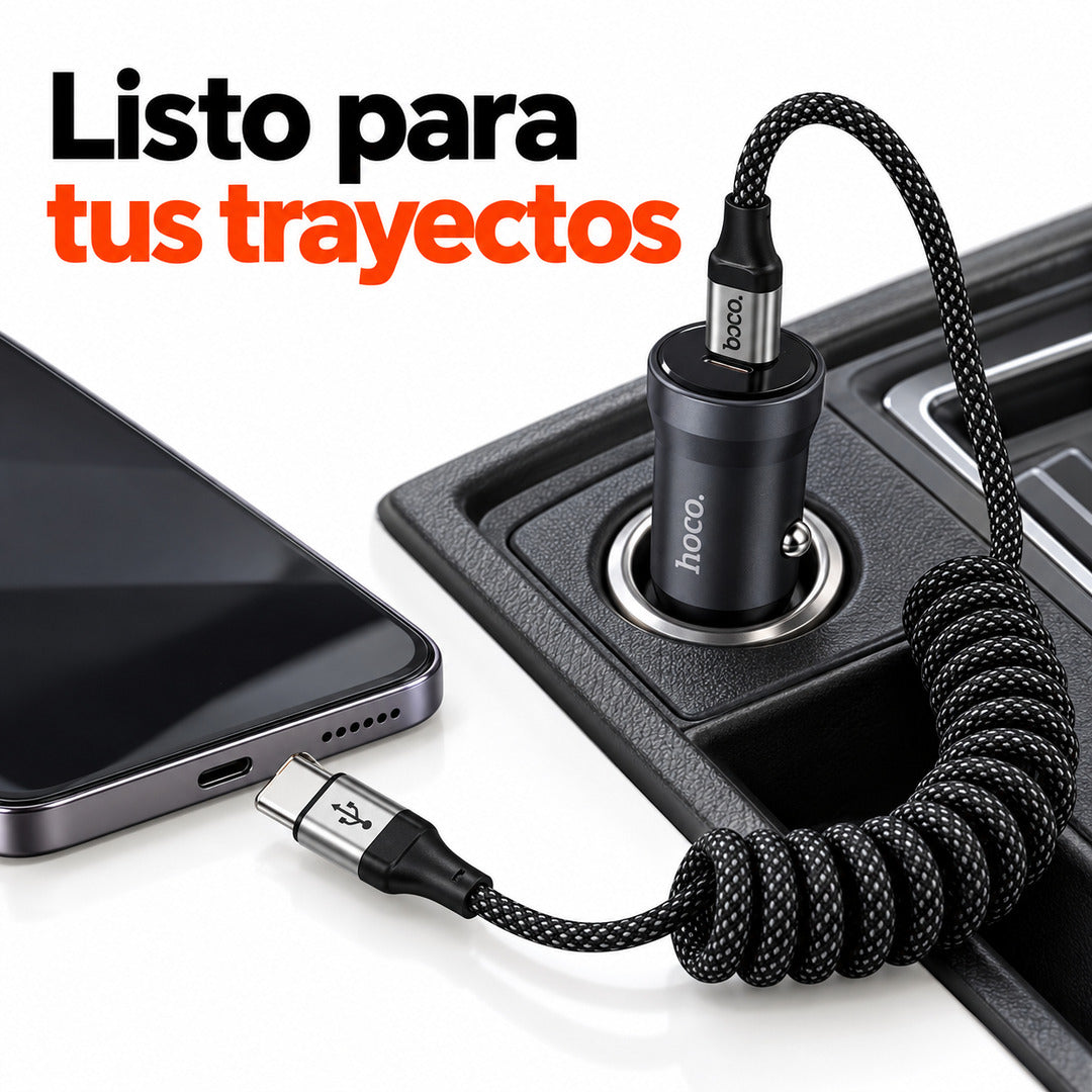 Cargador de auto Hoco Z62A 30W con cable espiral USB-C X121 de 1,5 m