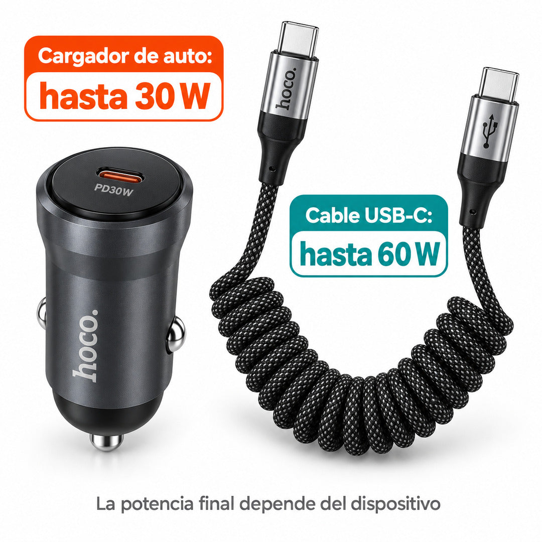 Cargador de auto Hoco Z62A 30W con cable espiral USB-C X121 de 1,5 m