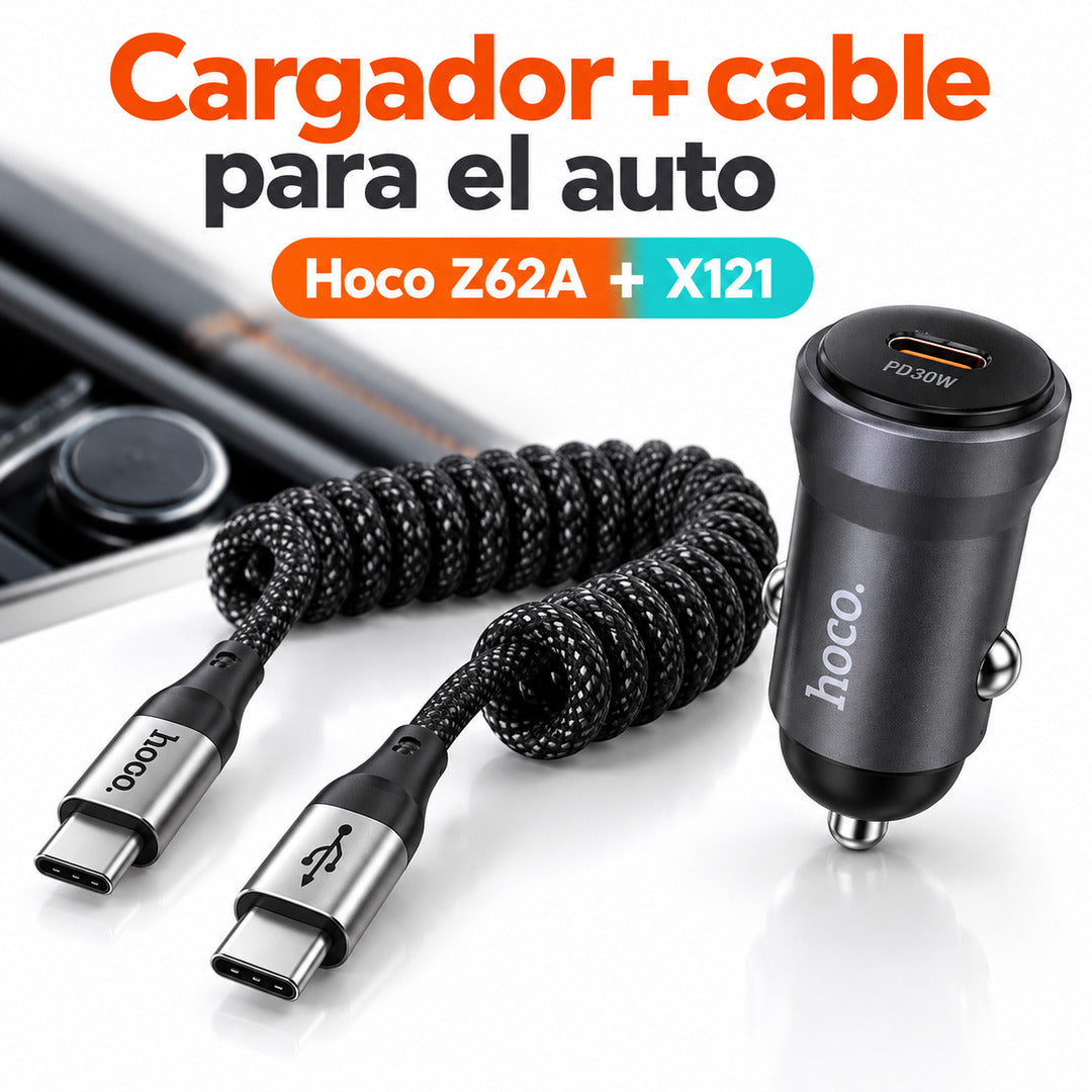 Cargador de auto Hoco Z62A 30W con cable espiral USB-C X121 de 1,5 m