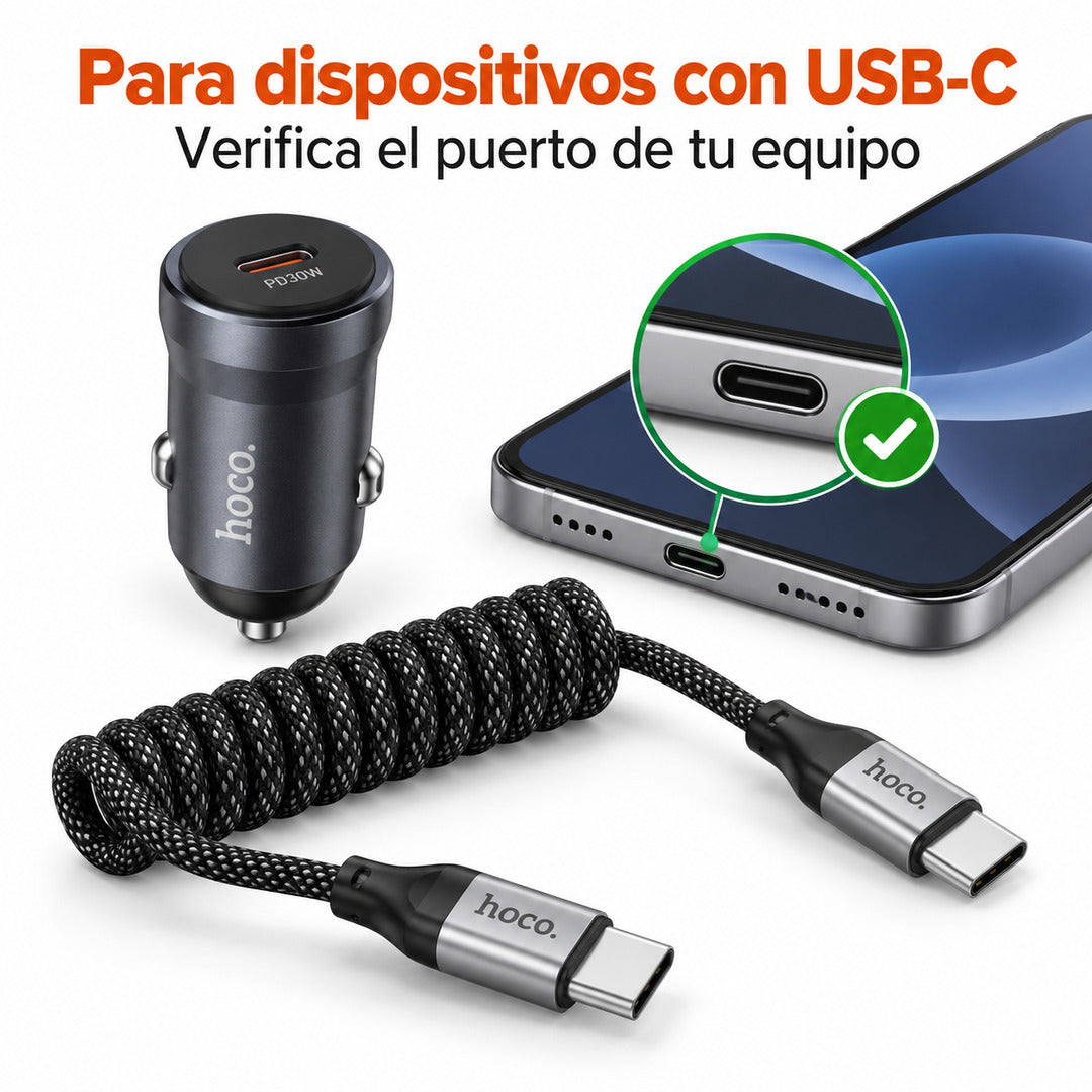 Cargador de auto Hoco Z62A 30W con cable espiral USB-C X121 de 1,5 m