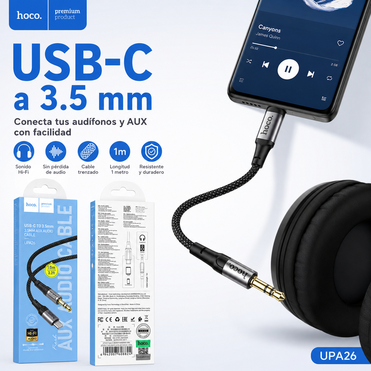 Cable Audio Hoco UPA26 USB-C a 3,5 mm Macho 1 Metro Trenzado