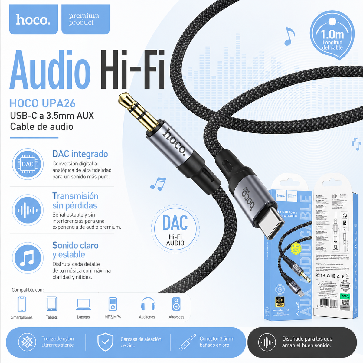Cable Audio Hoco UPA26 USB-C a 3,5 mm Macho 1 Metro Trenzado