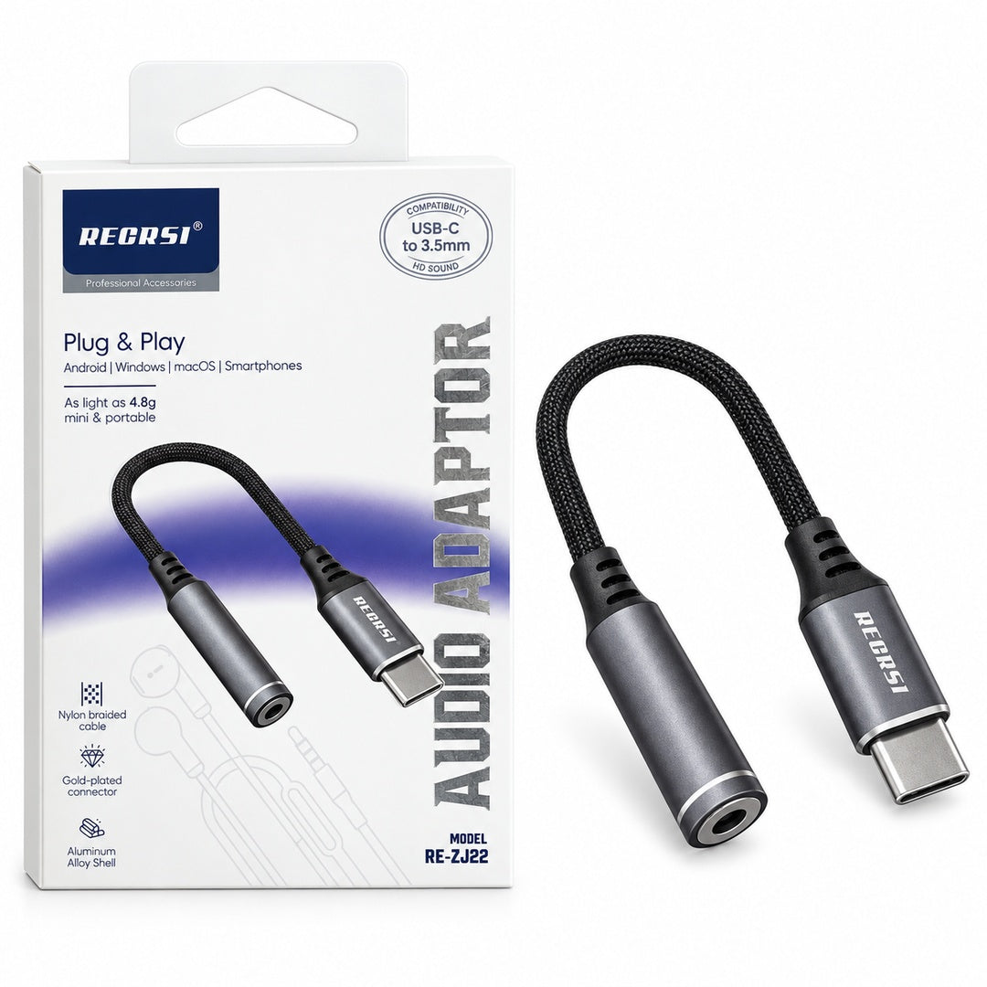 Adaptador RECRSI RE-ZJ22 USB-C a Jack 3,5 mm Trenzado