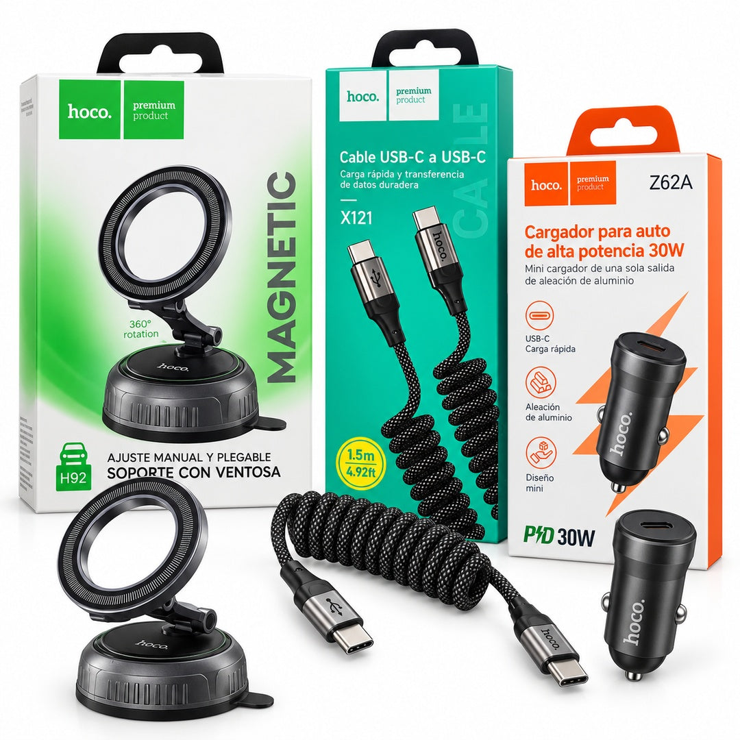 Kit Auto Hoco H92 con Soporte Magnético, Cargador Z62A 30W y Cable X121 USB-C
