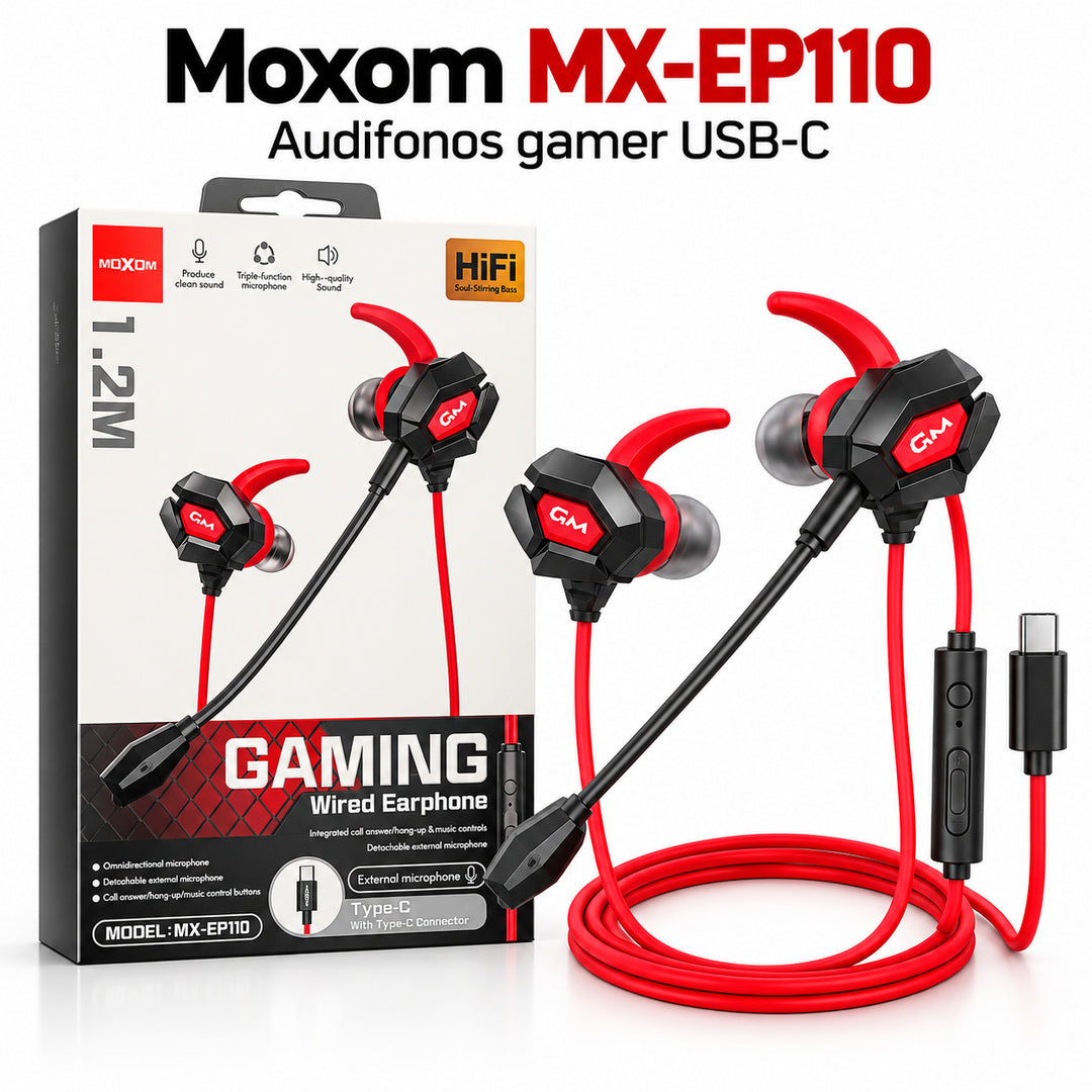Audífonos gamer Moxom MX-EP110 USB-C - Producto y caja