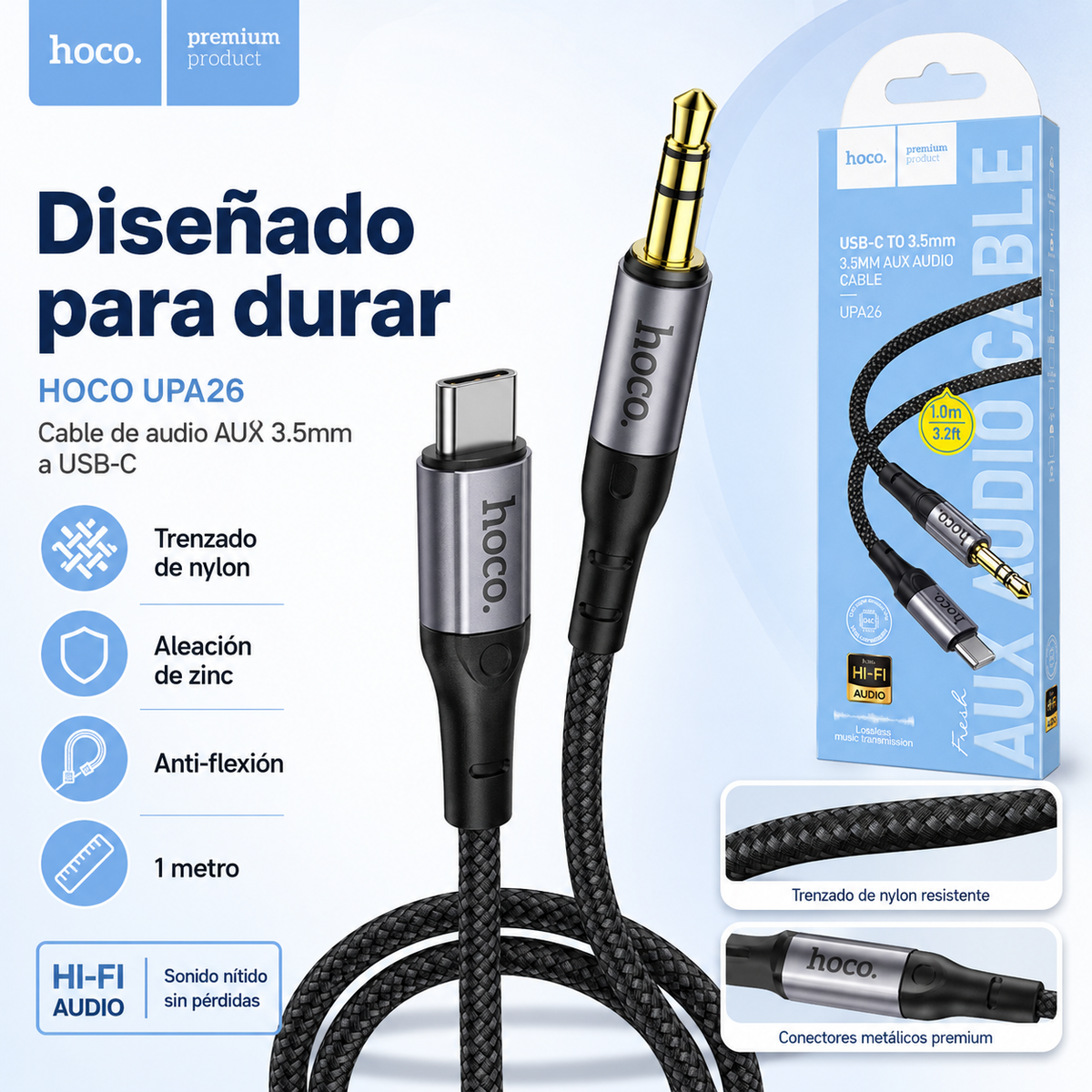 Cable Audio Hoco UPA26 USB-C a 3,5 mm Macho 1 Metro Trenzado