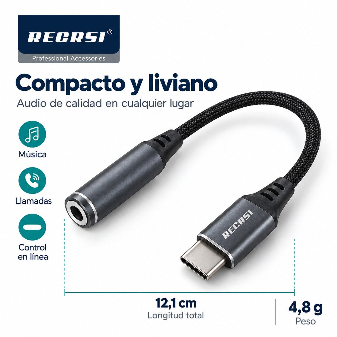 Adaptador RECRSI RE-ZJ22 USB-C a Jack 3,5 mm Trenzado