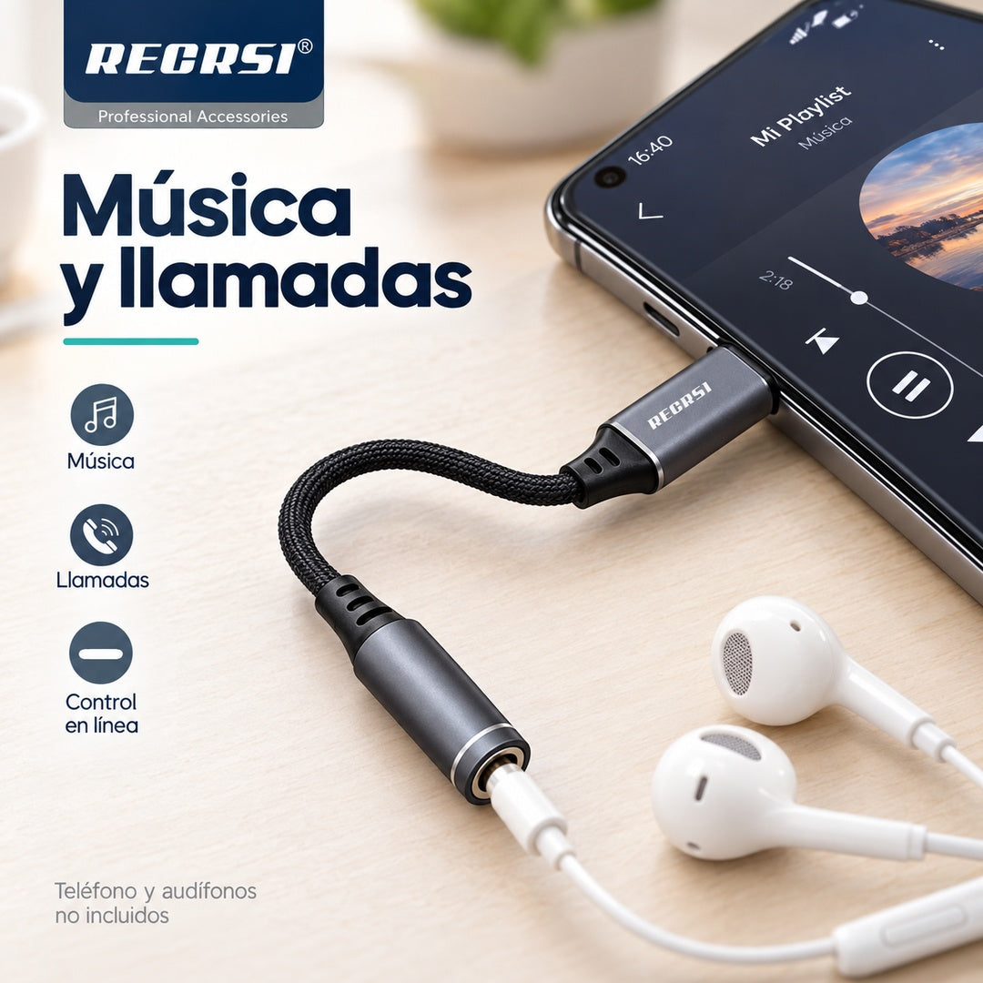 Adaptador RECRSI RE-ZJ22 USB-C a Jack 3,5 mm Trenzado
