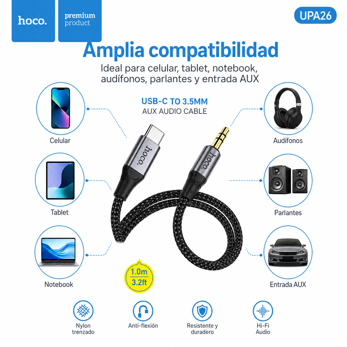 Cable Audio Hoco UPA26 USB-C a 3,5 mm Macho 1 Metro Trenzado