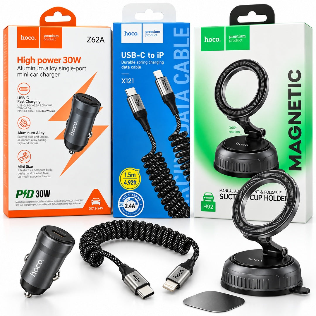 Kit Auto Hoco Z62A 30W + Cable X121 Lightning + Soporte Magnético H92