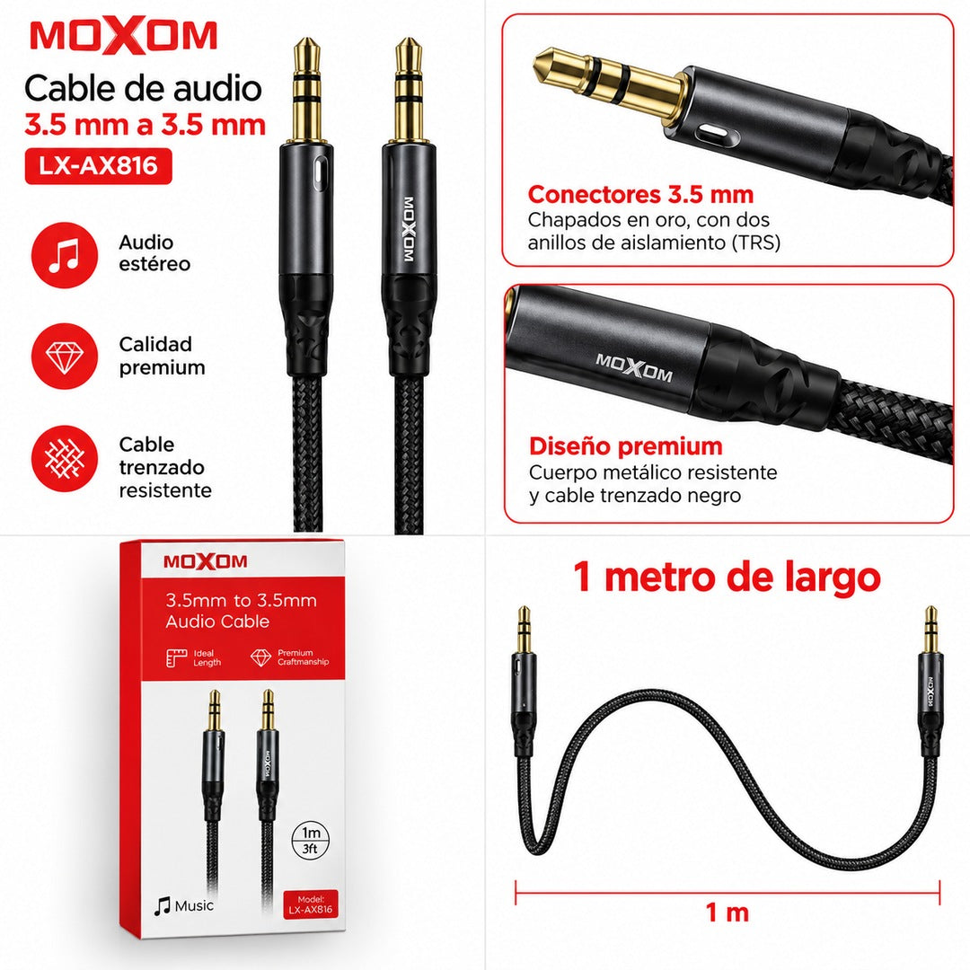 Cable Auxiliar Moxom LX-AX816 3,5 mm Macho a Macho de 1 Metro