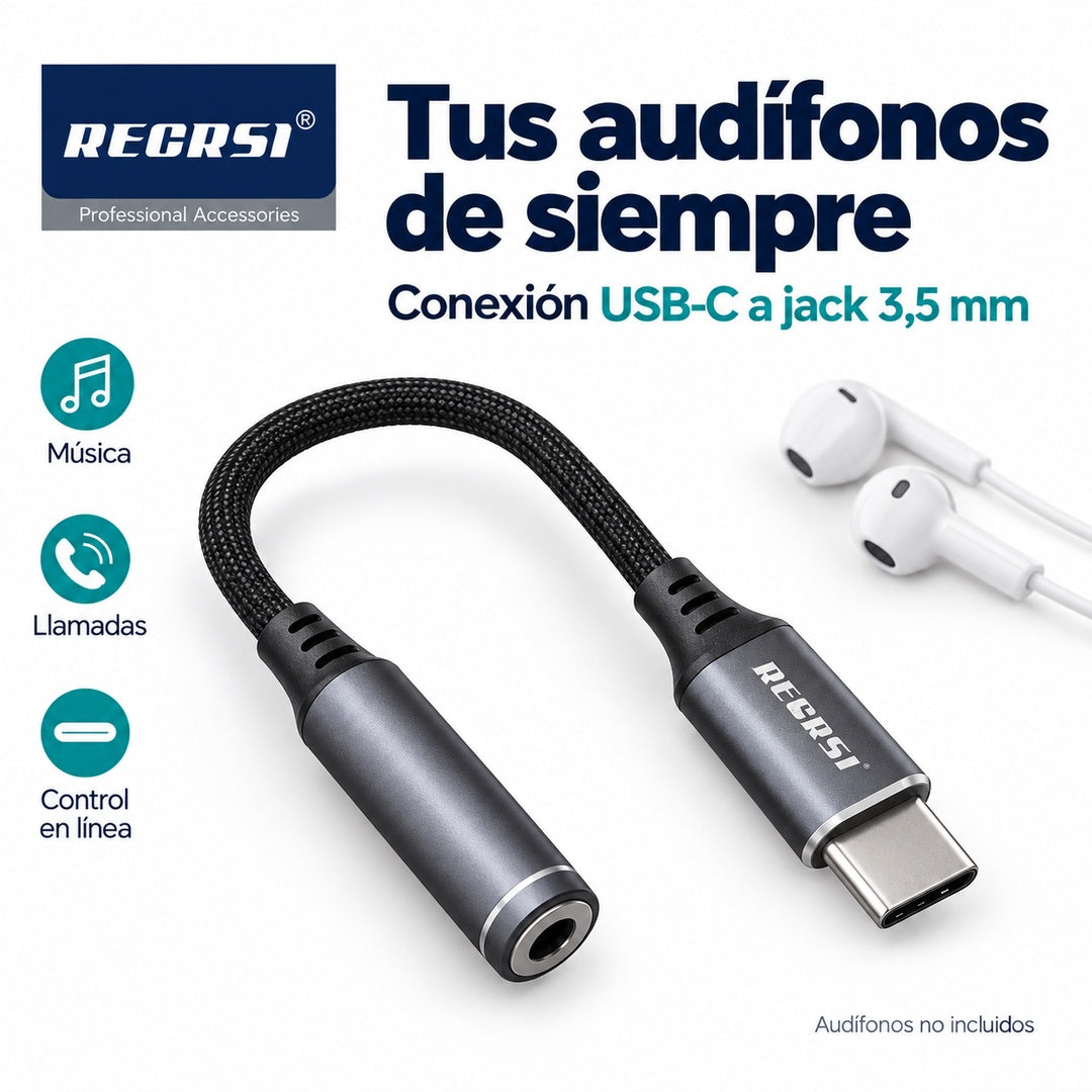 Adaptador RECRSI RE-ZJ22 USB-C a Jack 3,5 mm Trenzado